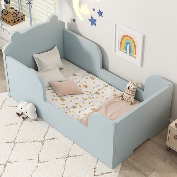 slide 2 of 34, Toddler Floor Bed Frame, Cot Bed for Boys and Girls Ages 3-6, Bear Shape Toddler Bed Baby Blue