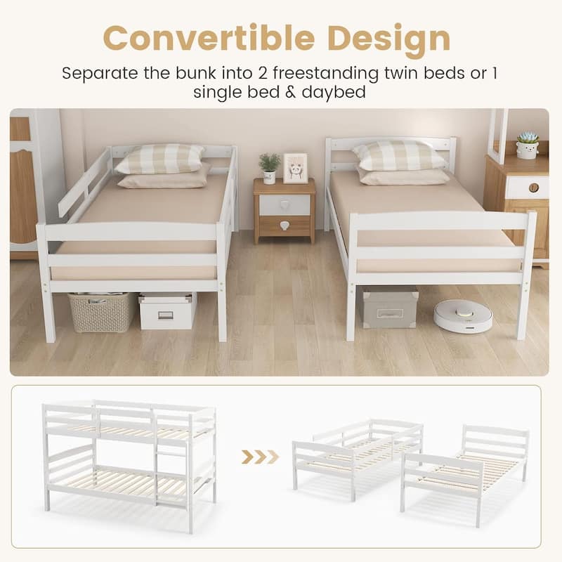 Bunk Bed Twin Over Twin, Pine Solid Wood Detachable Bed Frame with High Guardrails & Integrated Ladder, Wooden Slatted Bunk Bed