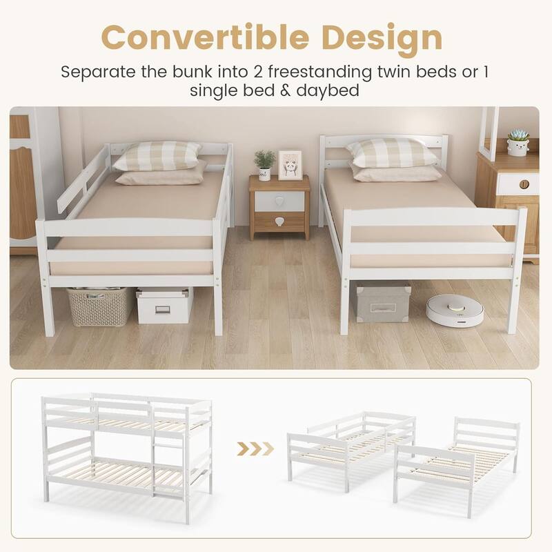 Twin Over Twin Solid Wood Bunk Bed with Detachable Frame, High Guardrails, and Integrated Ladder, No Box Spring Needed, White