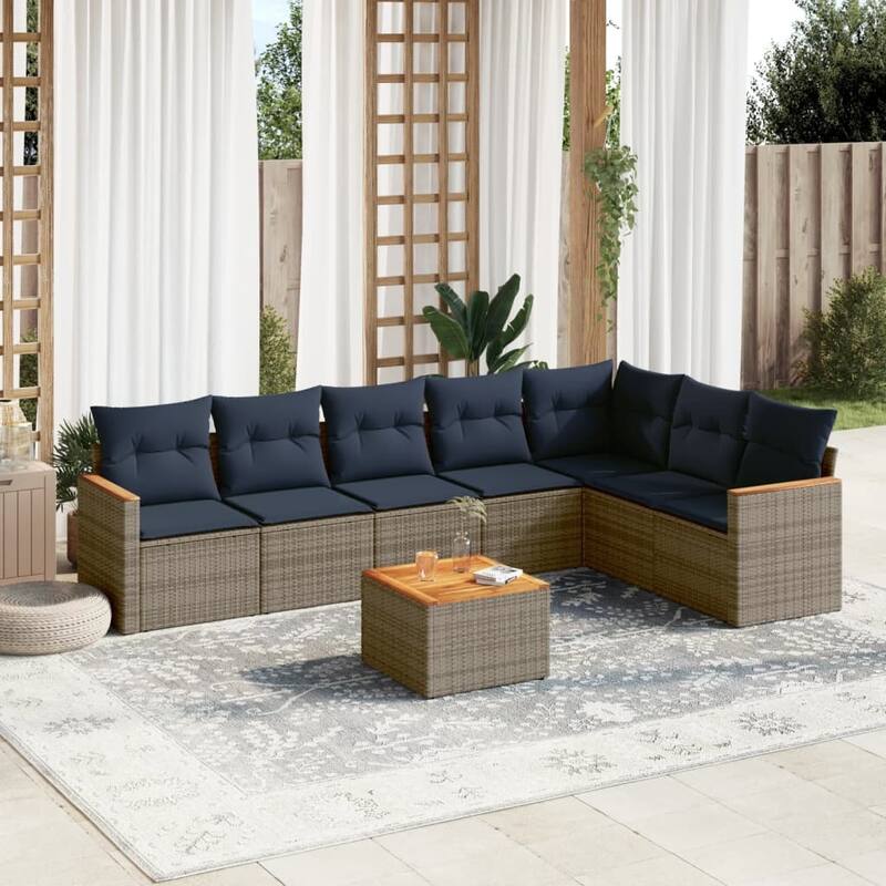 vidaXL Patio Sofa Set with Cushions Outdoor Conversation Furniture Poly Rattan - 24.4x 24.4x 27.2 - Grey and Blue-With table