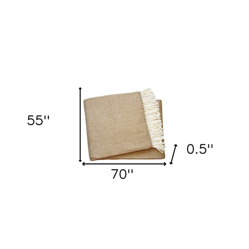 HomeRoots 70" X 55" Copper And White Cotton Blend Woven Herringbone Plush Throw Blanket with Tassels