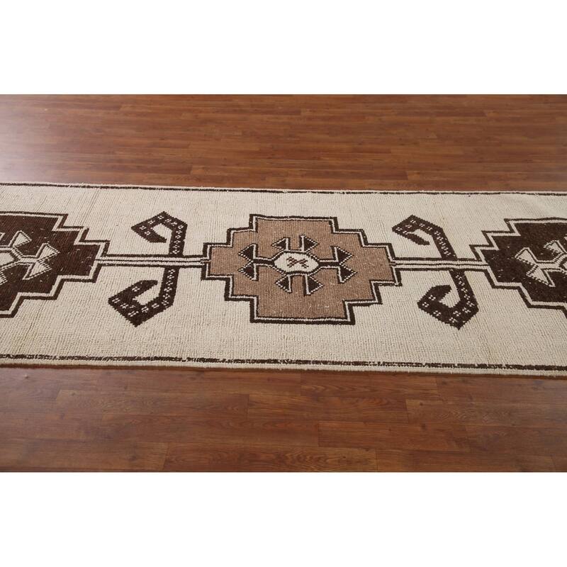 Anatolian Turkish Runner Rug Handmade Beige Tribal Wool Carpet - 3'5"x 12'3"