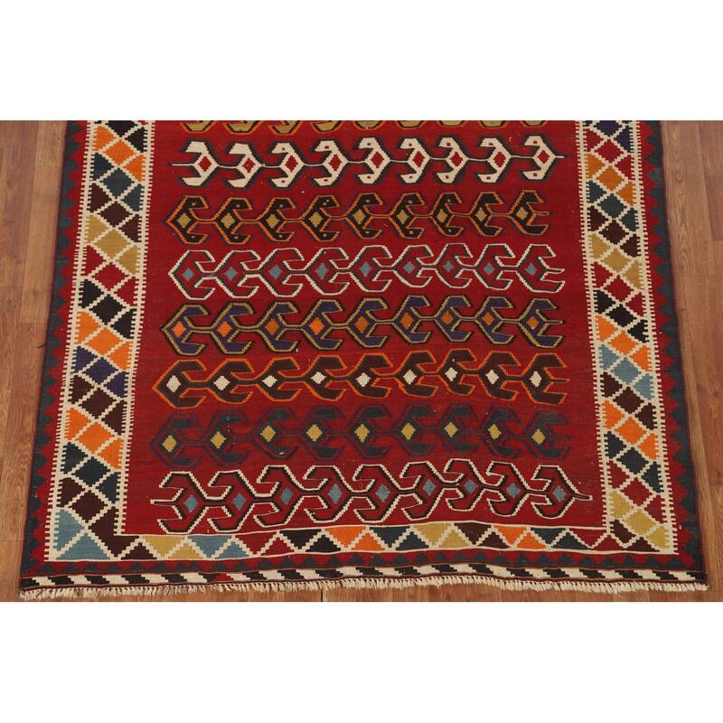 Geometric Kilim Qashqai Persian Vintage Rug Hand-Woven Wool Carpet - 5'2" x 7'7"