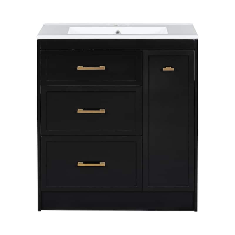 GDFStudio - Hera Classic 30" Black Bathroom Vanity Set - Floor Standing, 3 Drawers with Double-Layer & Gold Handles