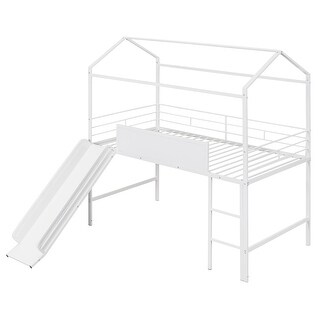 Playhouse Design Twin Size Metal Loft Bed,Built-In Slides and Writing Board