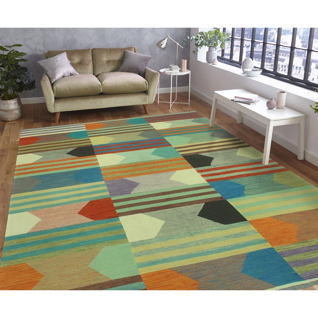 Hand-Woven Winchester Kilim Olaniyan Blue/Ivory Rug - 8'6" x 11'6"