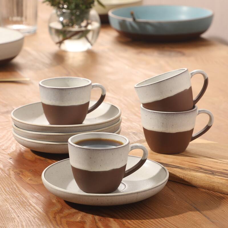 Gibson Elite William Crest 8 Piece Cup & Saucer -3.5oz Espresso Cups, 5.5" Saucers Reactive Stoneware Set