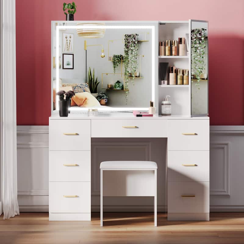 Vanity Set with Lighted Mirror,Extra Large Mirror Makeup Vanity Table with 7 Drawers,white - White - 7-drawer