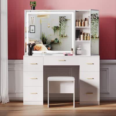 Vanity Set with Lighted Mirror,Extra Large Mirror Makeup Vanity Table with 7 Drawers,white