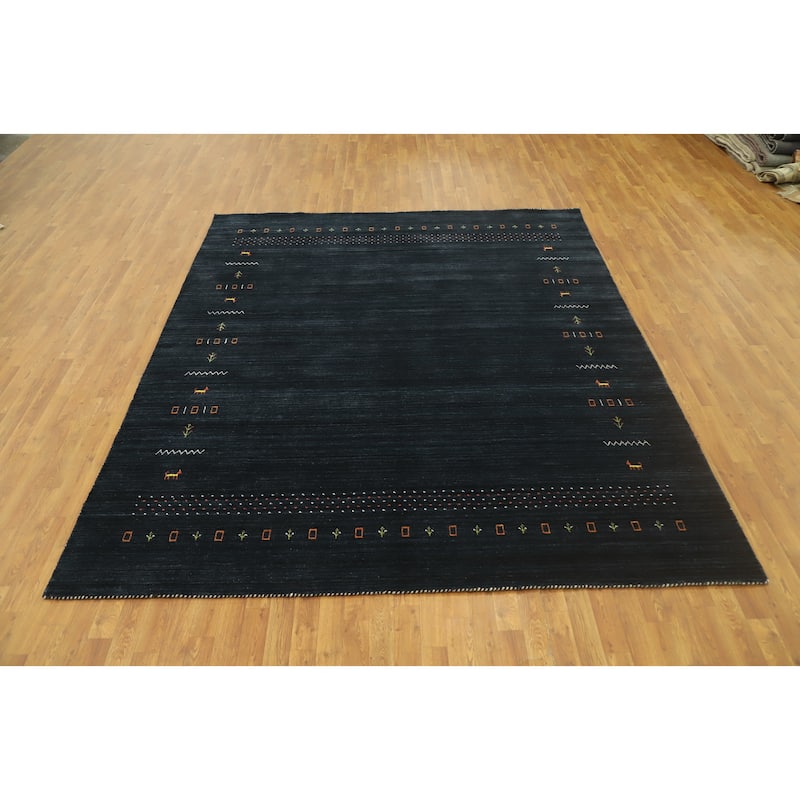 Hand Knotted Oriental 100% Wool Carpet Tribal Animal Pictorial Navy Blue & Blues Gabbeh Area Rug - 9' 8'' X 8' 3''