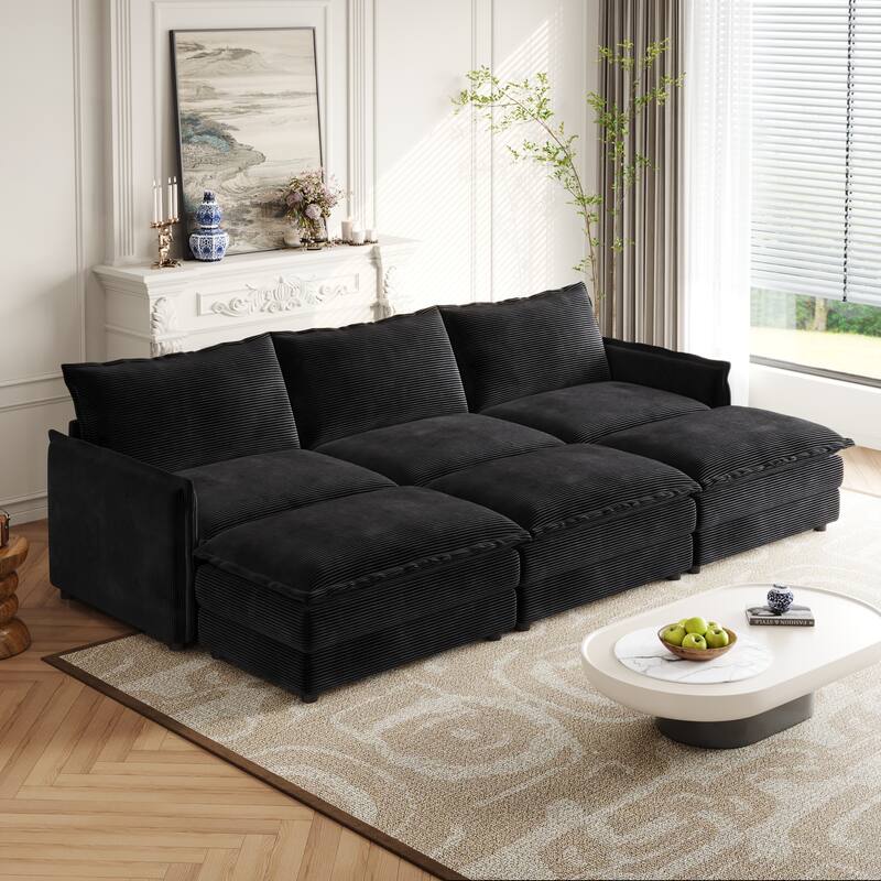 Convertible Sleeper Sofa Bed 109" Oversized Modular Sectional Sofa Deep Seat Corduroy Cloud Couch with 3 Ottomans