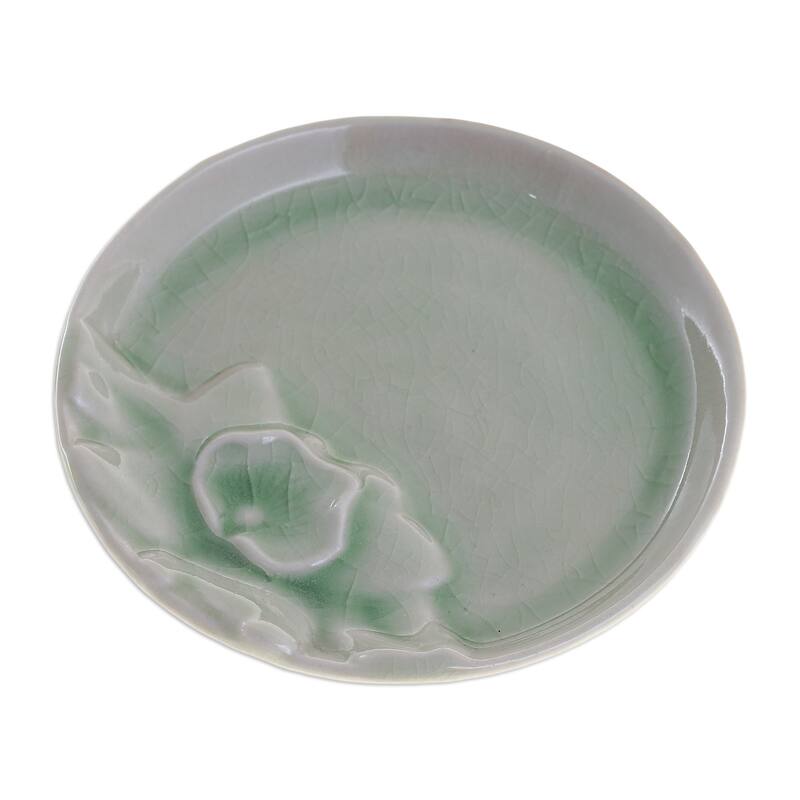 Novica Handmade Orchid Charm Small Celadon Ceramic Plate