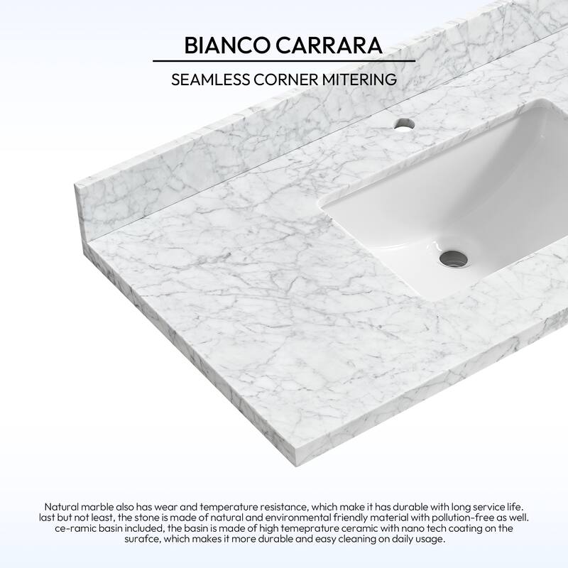 Zevio Natural Marble Vanity Top in Carrara White with Ceramic Sink