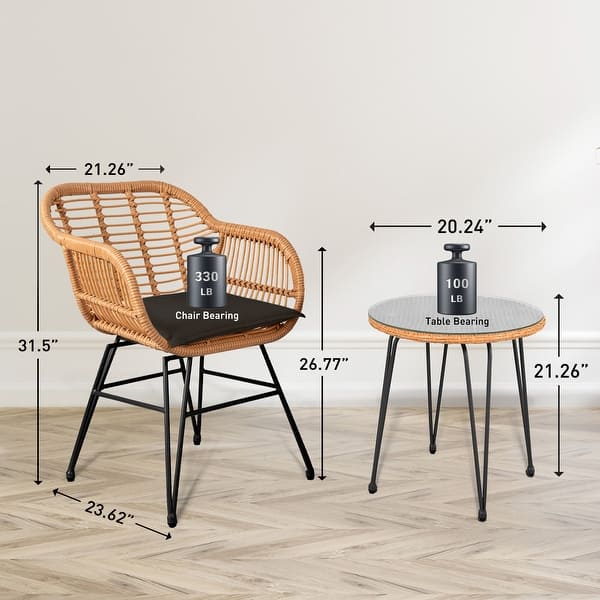 dimension image slide 3 of 5, 3 Piece Outdoor Wicker Furniture Patio Bistro Set With Cushions for Porch Poolside Garden - 21.2"L x 23.6"W x 31.5"H