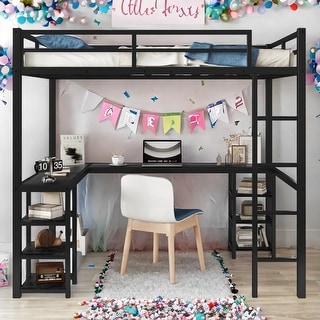 Full Metal Loft Bed with Desk and Shelves, Loft Bed with Ladder and Guardrails, Loft Bed Frame for Bedroom