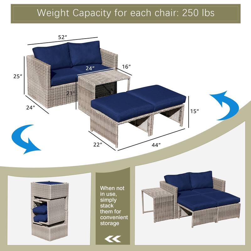 5-Piece Outdoor Rattan Conversation Set Wicker Chair with Cushions