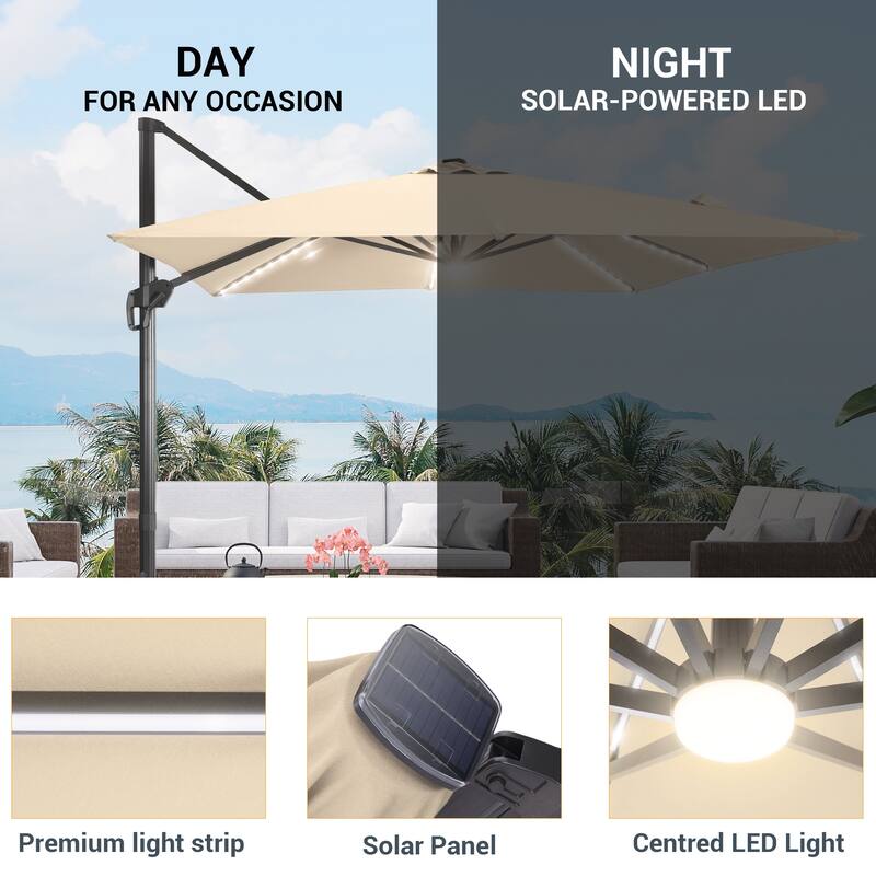 LIVOOSUN Patio10x10FT LED Aluminum Cantilever Umbrella Solution-Dyed Fabric w/Base