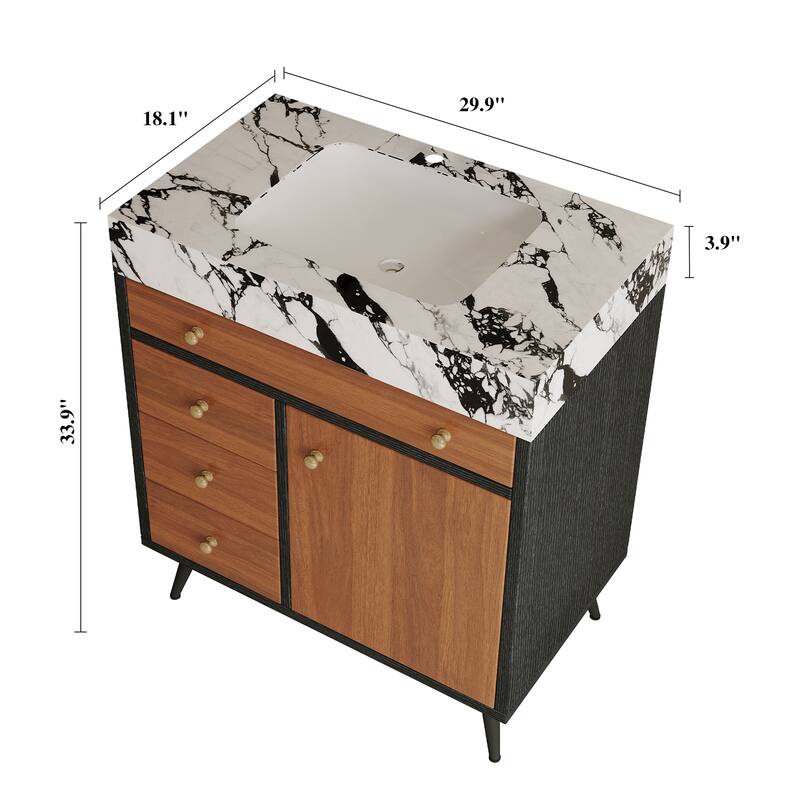 GDFStudio - Bristol Modern 29.9" Freestanding Bathroom Vanity with Sintered Stone Top, Ceramic Sink & Stainless Steel Legs
