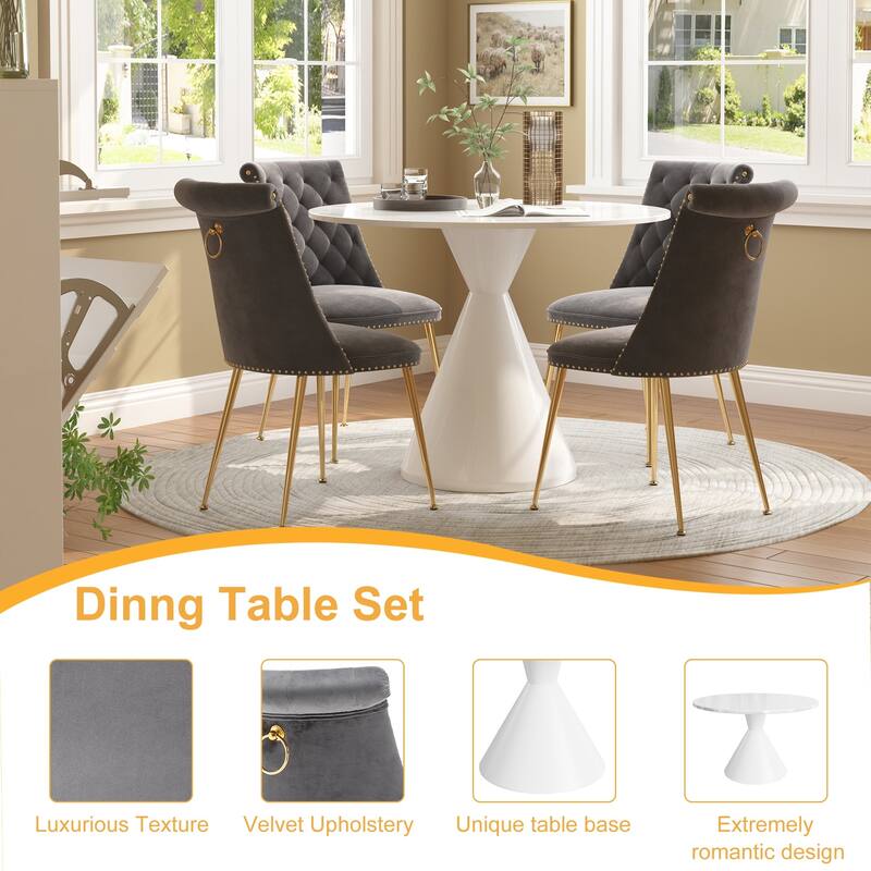 48" Light Luxury White High Gloss Large Countertop Dining Table with Velvet Dining Chair Set
