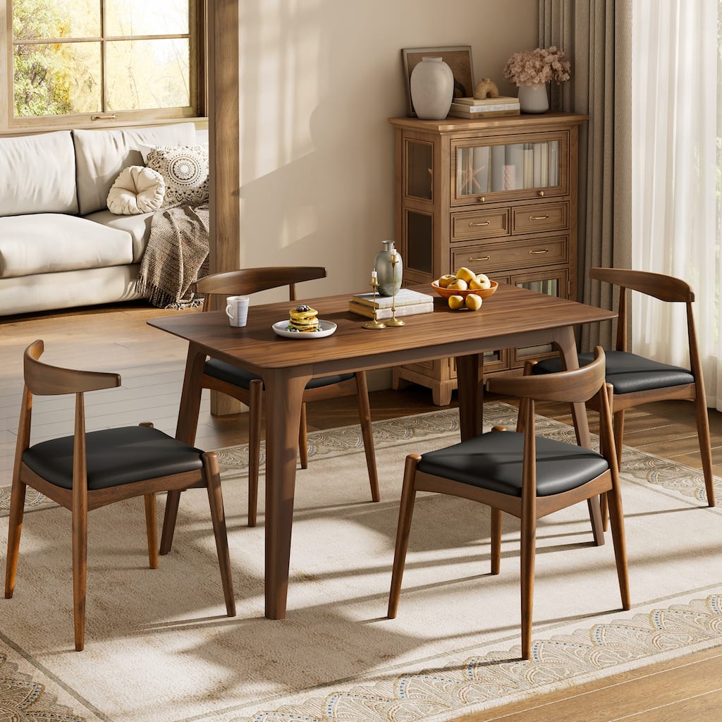 5-Piece Dining Set with Rubberwood Frame and Faux Leather Chairs