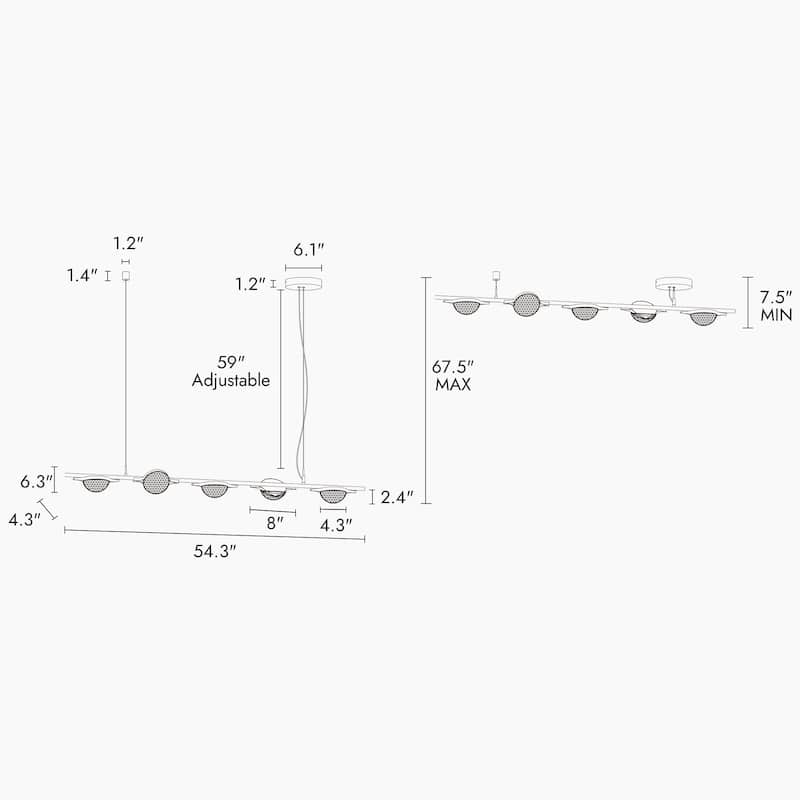 Modern LED 5-Light Chandelier 54" W Black Gold Island Lights for Dining Room - W 54.3" x H 67.5" Max