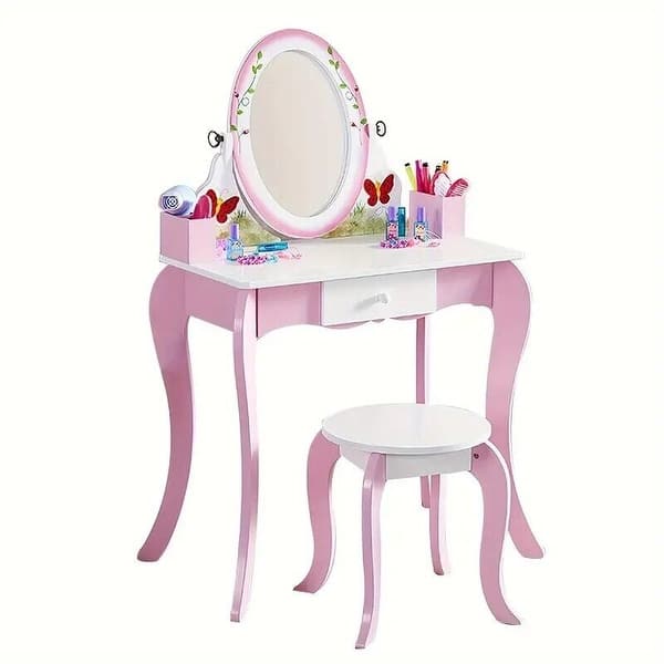 slide 2 of 10, Kids Vanity Makeup dresser set with 360 Mirror Drawer Dressing Table Stool Girl - 11.6*39.3*26.7 Pink