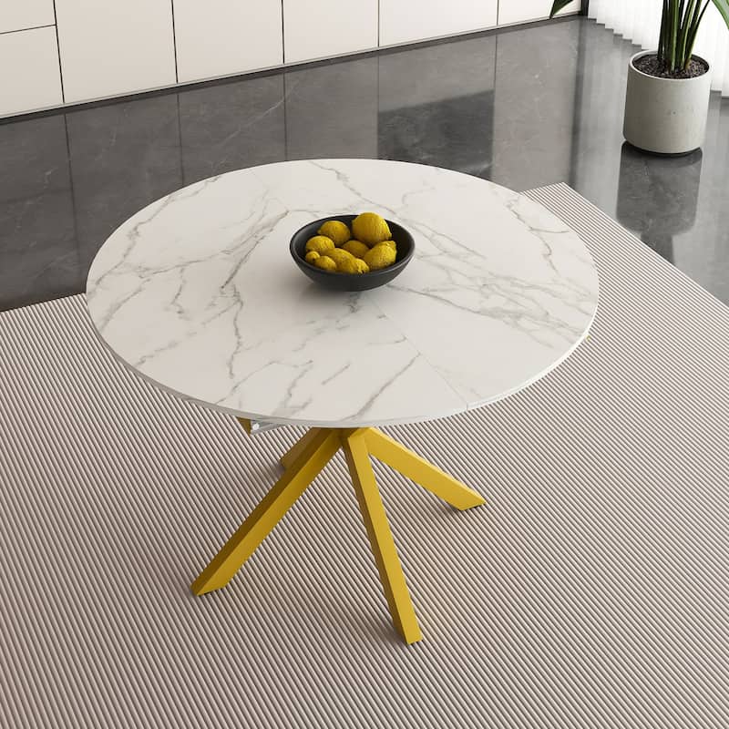 Modern Extendable Round Dining Table for 4-6: Carbon Steel X-Shaped Base, Space-Saving Kitchen & Apartment Table