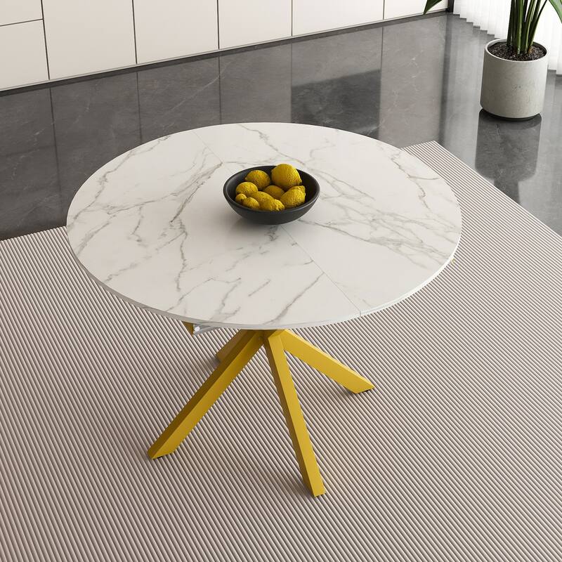 Modern and simple round dining table with extendable blades, carbon steel X-shaped base, sturdy and durable(4-6 people)