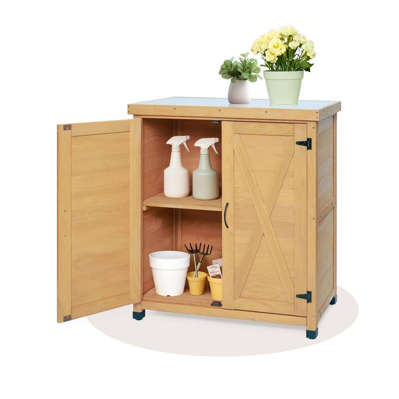 39" Wooden Rustic Potting Bench Table, Storage Cabinet Garden Shed with 2-Tier Shelves and Side Hook