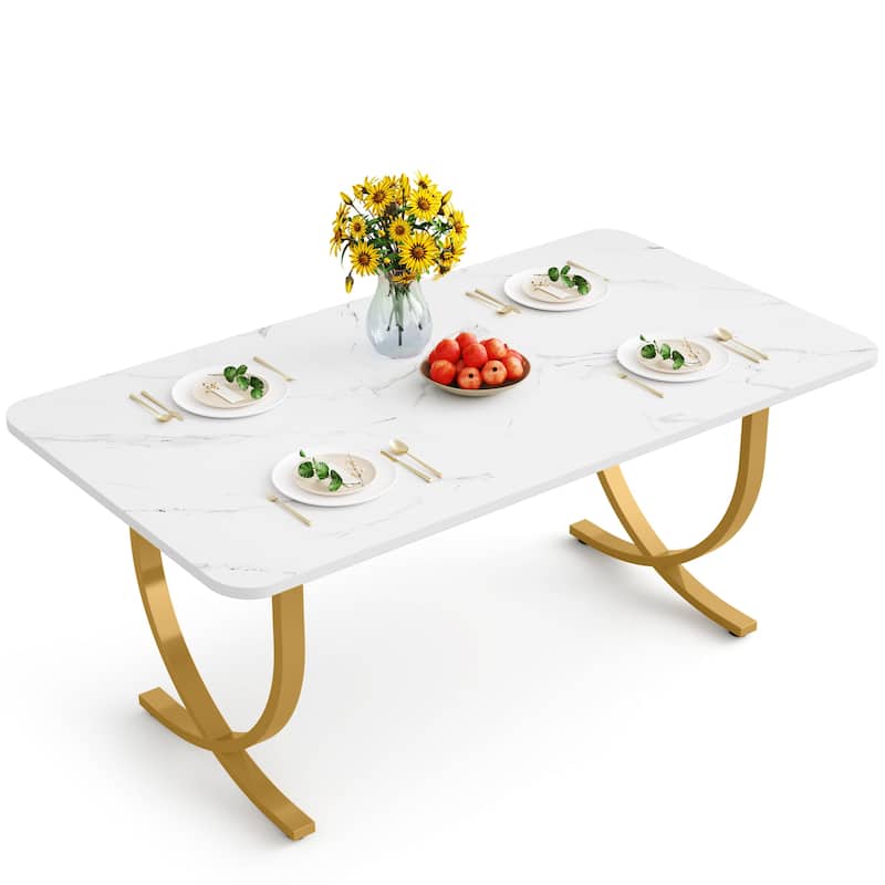 Rectangular Dining Table for 4 to 6, 63 Inch Modern Kitchen Table with Faux Marble Table Top and Metal Legs