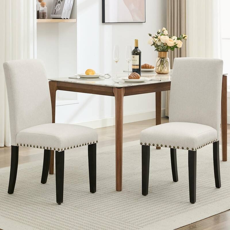 Set of 2 Modern Dining Chairs - Ergonomic Fabric Upholstered w/Wood Legs - 265lbs - Easy-Clean & Floor-Safe - 15 Min Assembly - Beige+Rivet