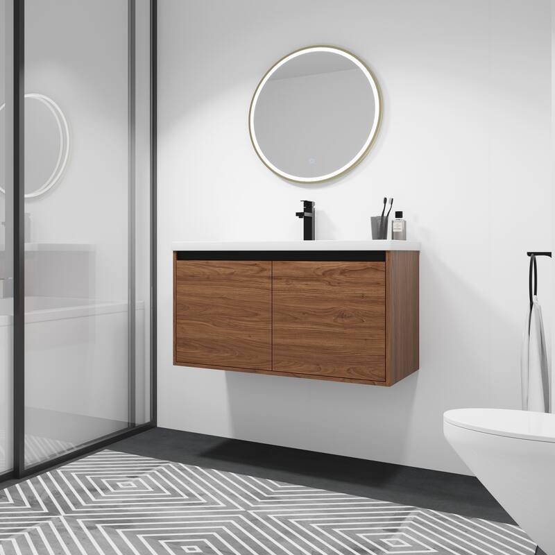 Fully Assembled Black 36 Inch Bathroom Vanity with Ceramic Countertop Sink, Oak 2 Doors Bathroom Cabinet Set