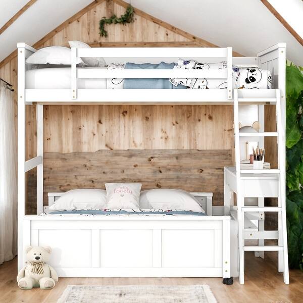 slide 2 of 28, Full over Full Bunk Bed With Desk,Solid Construction for Bedroom White