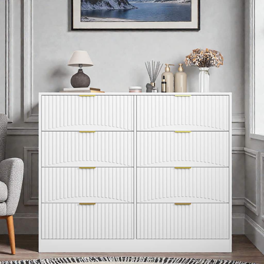 Modern 8 Drawer Dresser with Gold Metal Handles, 47.2 Inch Wide Wood Chest of Drawers for Bedroom Living Room