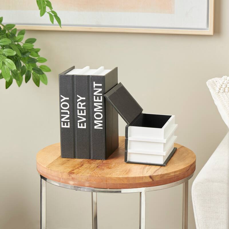 White or Black Canvas Faux Storage Book Box with Gold or White Enjoy, Every, Moment Text (Set of 2) - Black