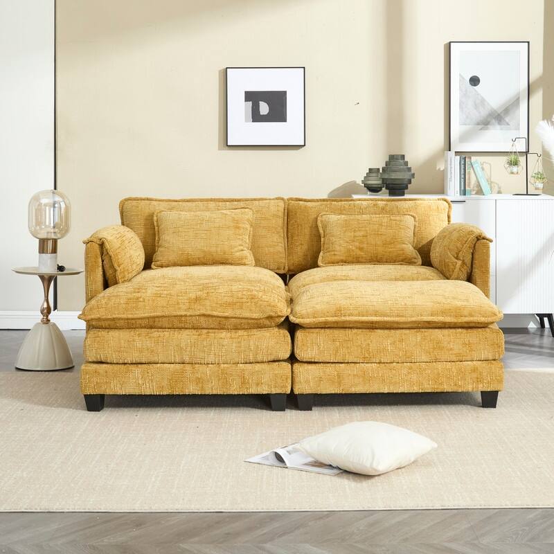 76.77" Chenille Upholstered Sofa with 2 Ottomans - Yellow