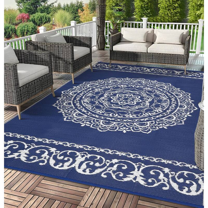 Outdoor Rug Reversible Patio Rug Plastic Straw Rug Waterproof Lightweight Rug - 8'x10' - Dark Blue