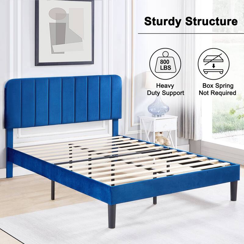 VECELO Velvet Upholstered Bed Frame with Vertical Channel Tufted Headboard, Adjustable Headboard, Wooden Slats Support