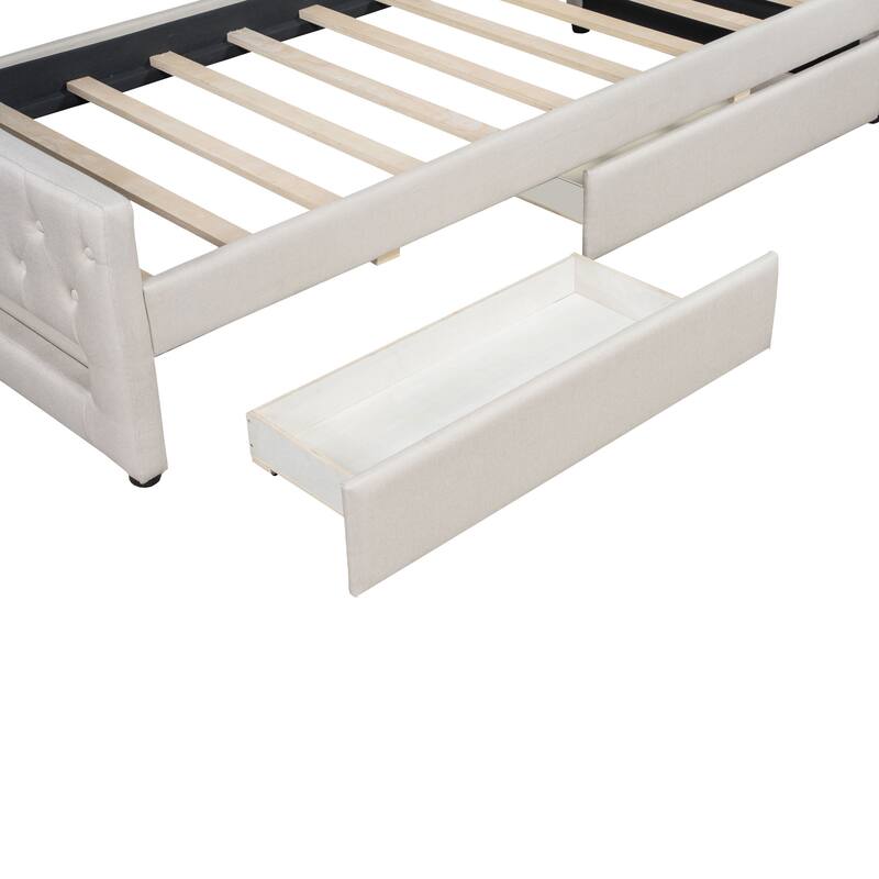 Twin XL Upholstered Daybed with LED Lighting and 2 Storage Drawers, Beige