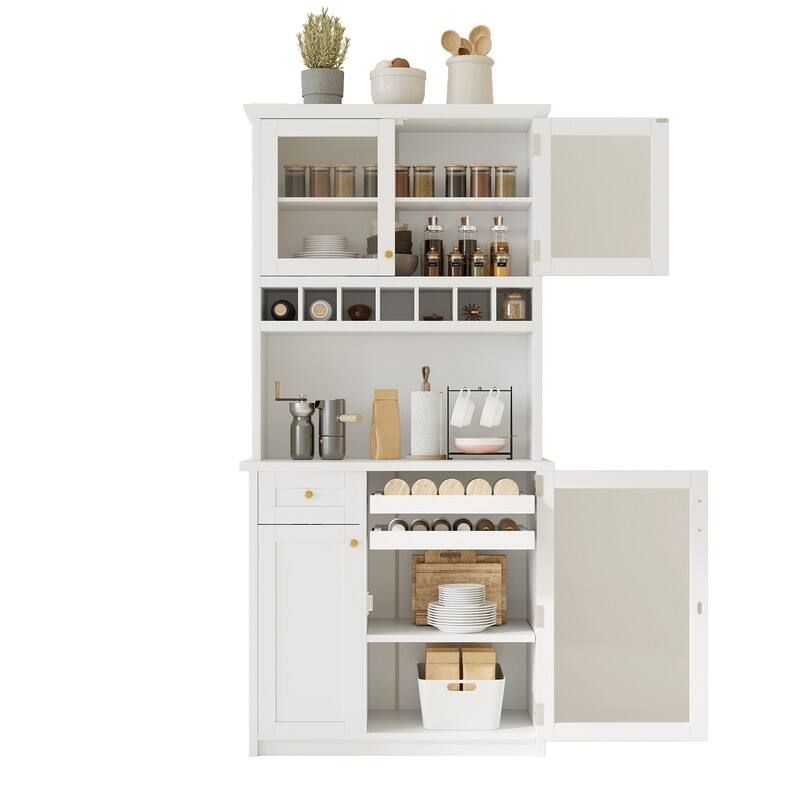 Farmhouse 74.8" Tall Kitchen Pantry with Hutch, Freestanding Kitchen Storage Solution for Modern Homes