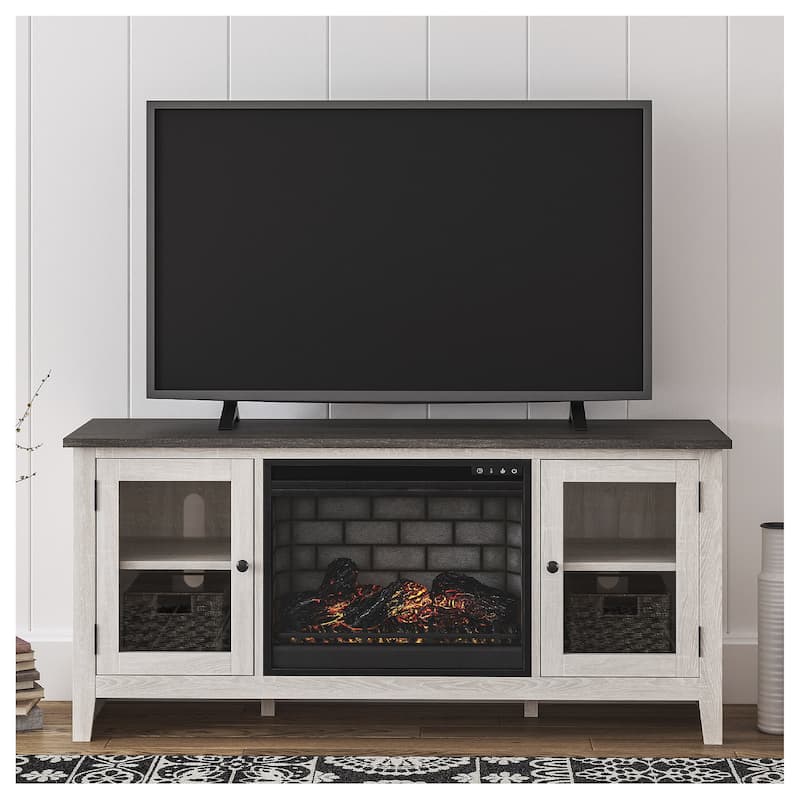 Signature Design by Ashley Dorrinson White/Gray 60" TV Stand for TVs up to 69" with Electric Fireplace - 60"W x 17.5"D x 27.75"H - 60"W x 17.5"D x 27.75"H - White/Gray