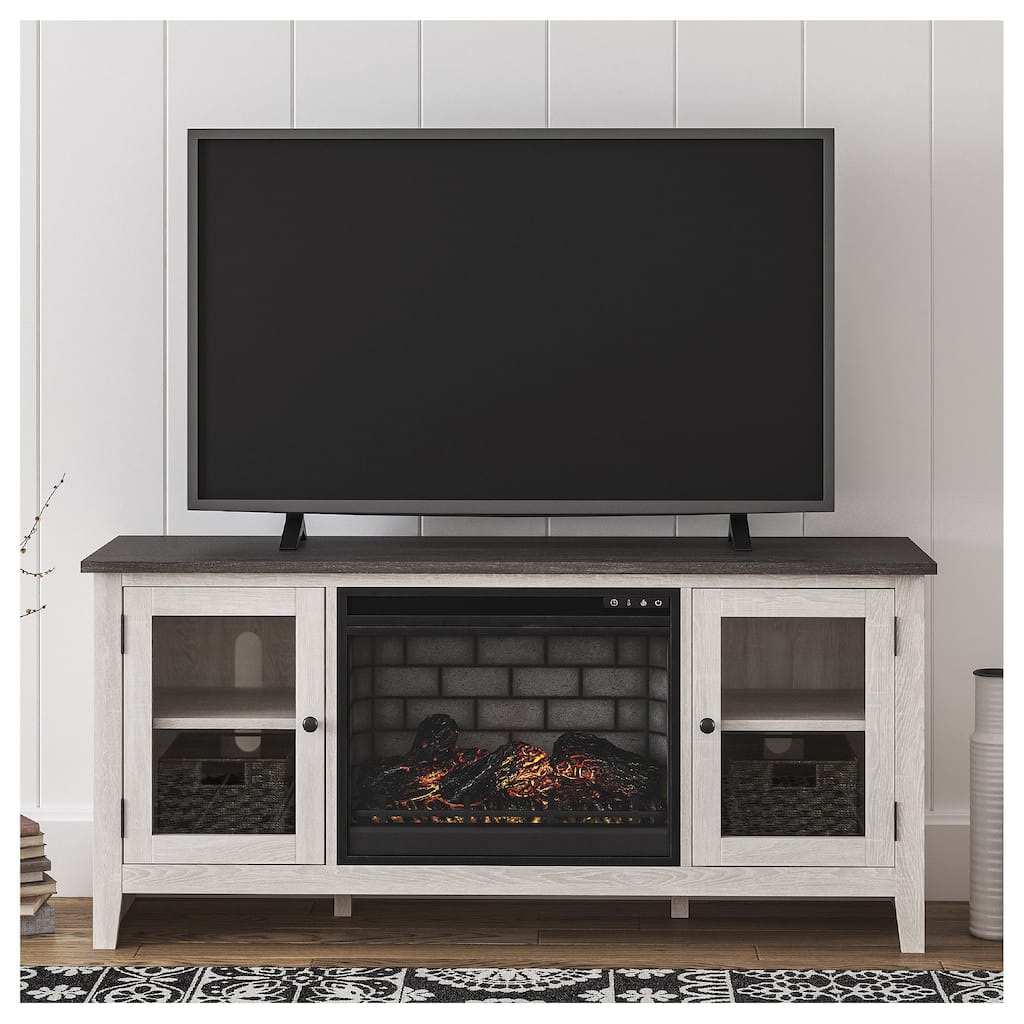 Signature Design by Ashley Dorrinson White/Gray 60" TV Stand for TVs up to 69" with Electric Fireplace - 60"W x 17.5"D x 27.75"H