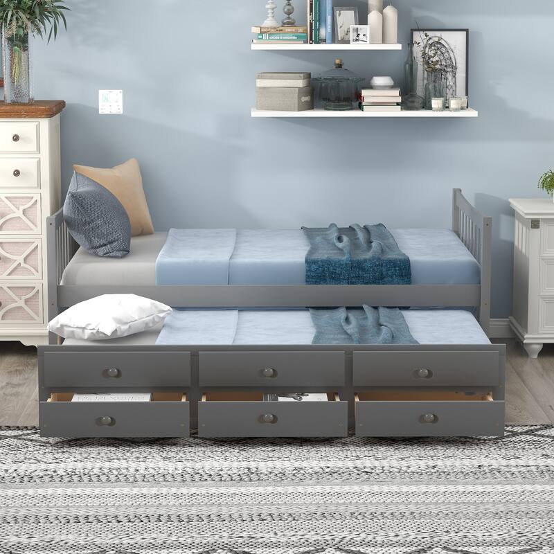 Wooden Daybed with Trundle and Drawers, Platform Sofa Bed Frame - Gray - Twin