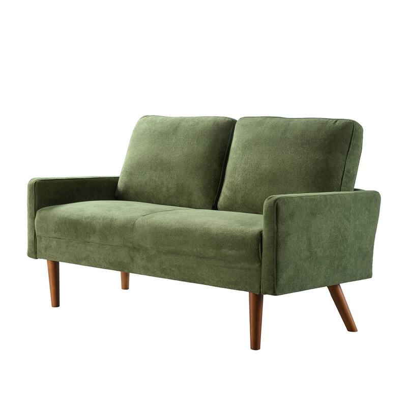 Velvet Upholstered Loveseat Sofa, Small Loveseat Sofa Couch with Rubber Wood Legs, 2 Seater Couch with Throw Pillow