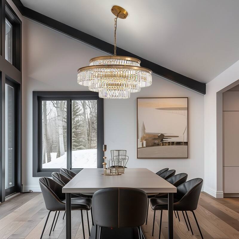32 in. Drum Modern Crystal Chandelier 4-Tier Gold Brass Kitchen Island Pendant Light for Dining Room