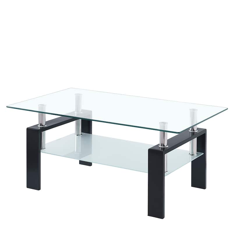 Tempered Clear Glass Coffee Table, 2-Layers Coffee Table Living Room Center Table - Transparent+Black