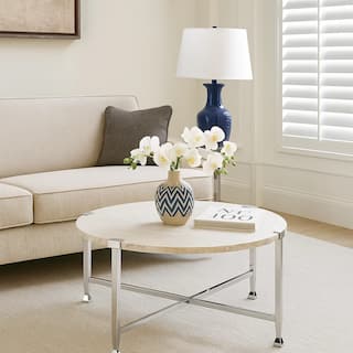 Coffee Table with X Shaped Metal Base and Round Wooden Top,Silver and Beige