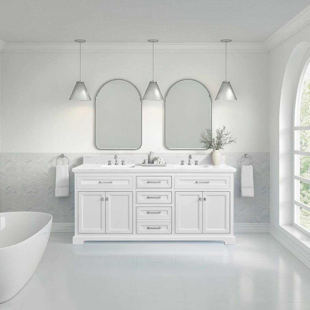 AstralLight 72 in. Double Sink Freestanding White Bath Vanity with White Quartz Stone Top