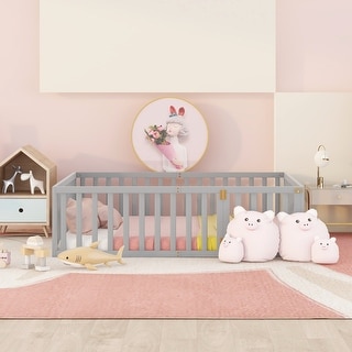 Minimal Design Full Size Floor Bed with Safety Fence & Privacy Door