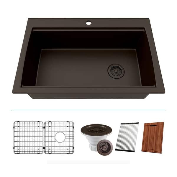 slide 2 of 7, 33 Inch Lexicon Platinum Quartz Composite Drop-in Undermount Single Bowl Workstation Galaxy Mocha Kitchen Sink LP-750TM-M Galaxy Mocha